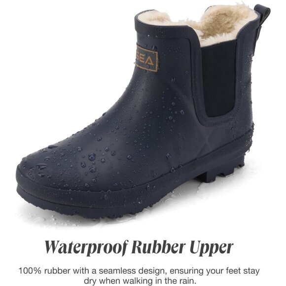 ⚡Women's Navy Blue Pull On Plush Rain Ankle Snow Boot Waterproof Chelsea Rubber - Picture 4 of 6